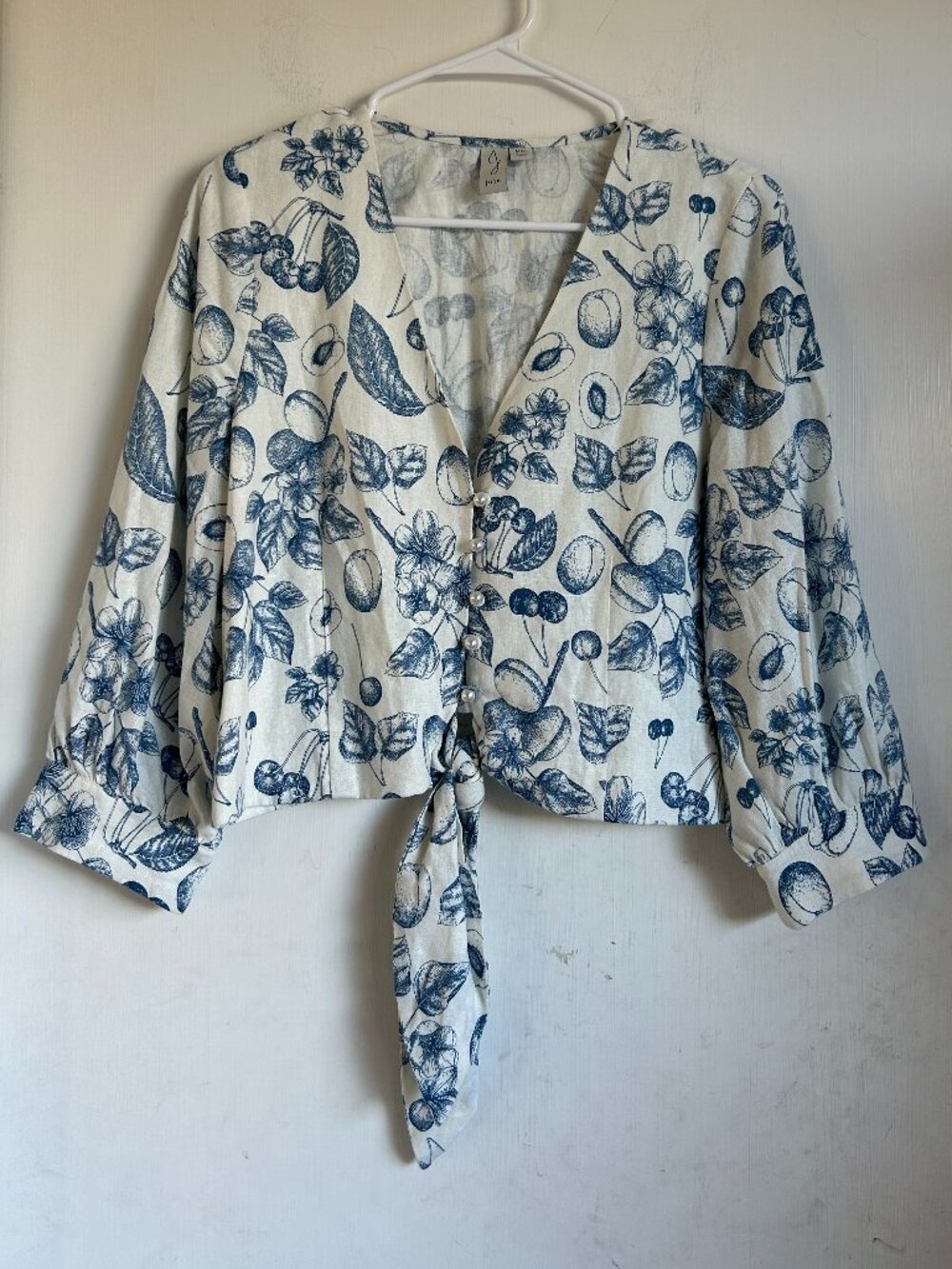 Joie - Blue Spring Print Linen Tie Blouse